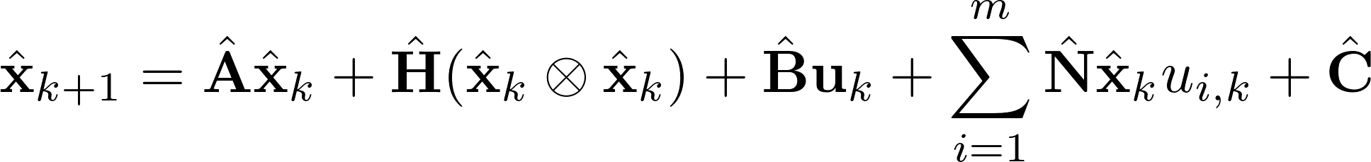 $\hat {\mathbf{x}}_{k+1} = \hat{\mathbf{A}}\hat{\mathbf{x}}_k + \hat{\mathbf{H}}(\hat{\mathbf{x}}_k\otimes\hat{\mathbf{x}}_k) + \hat{\mathbf{B}}\mathbf{u}_k + \sum_{i=1}^m\hat{\mathbf{N}}\hat{\mathbf{x}}_ku_{i,k} + \hat{\mathbf{C}}$