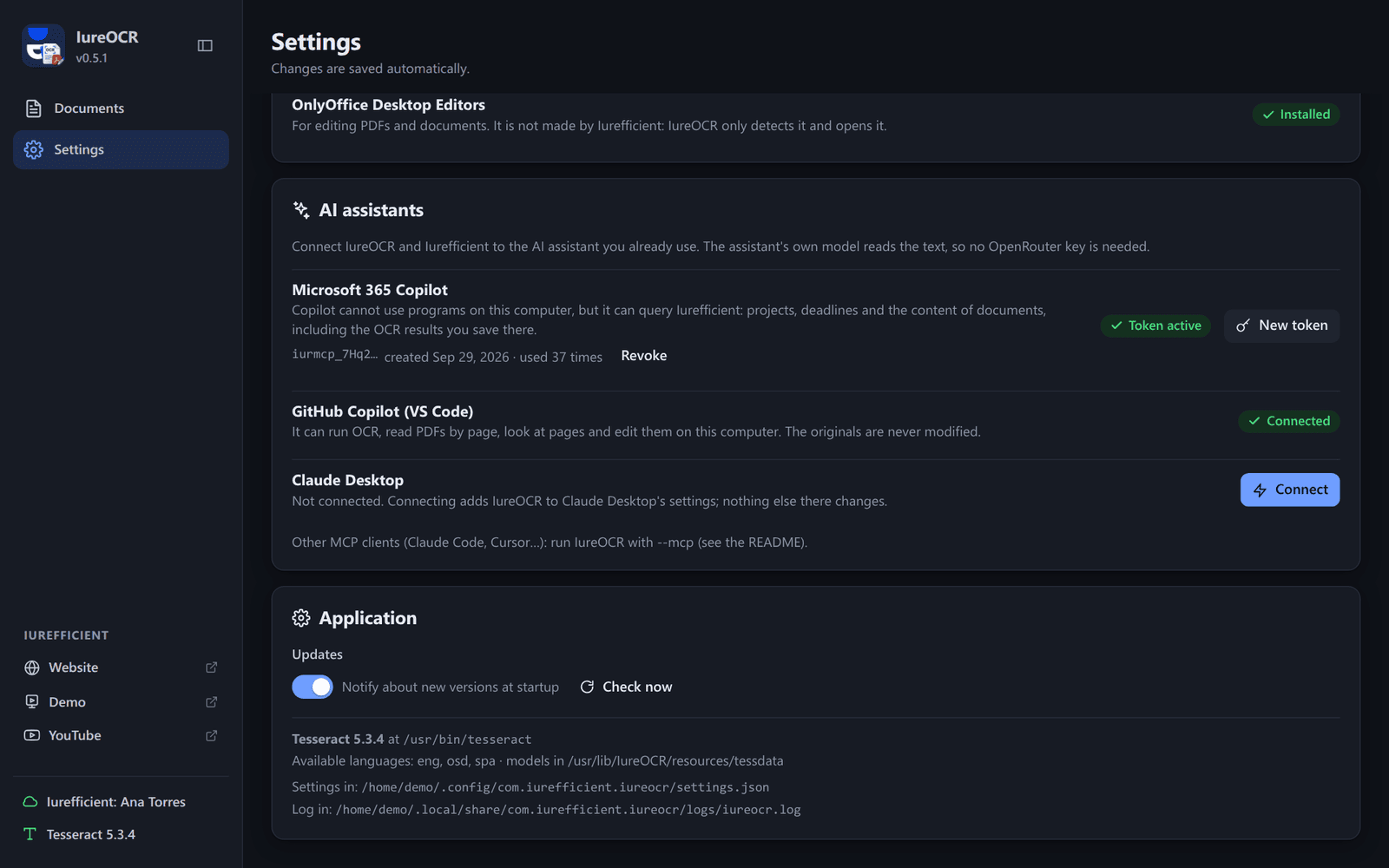 Settings, AI assistants section, in dark theme