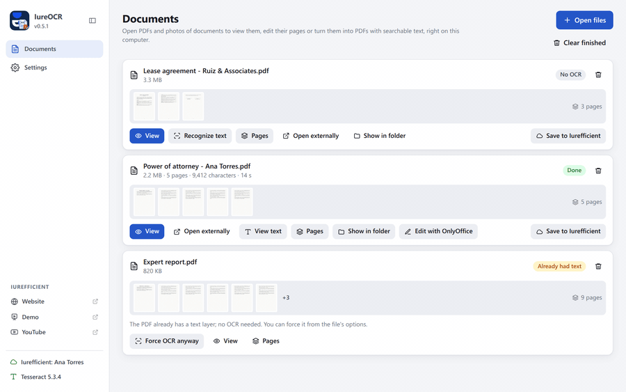 A three-page scanned lease goes through OCR page by page in the queue, then its recognized text opens and a clause is selected