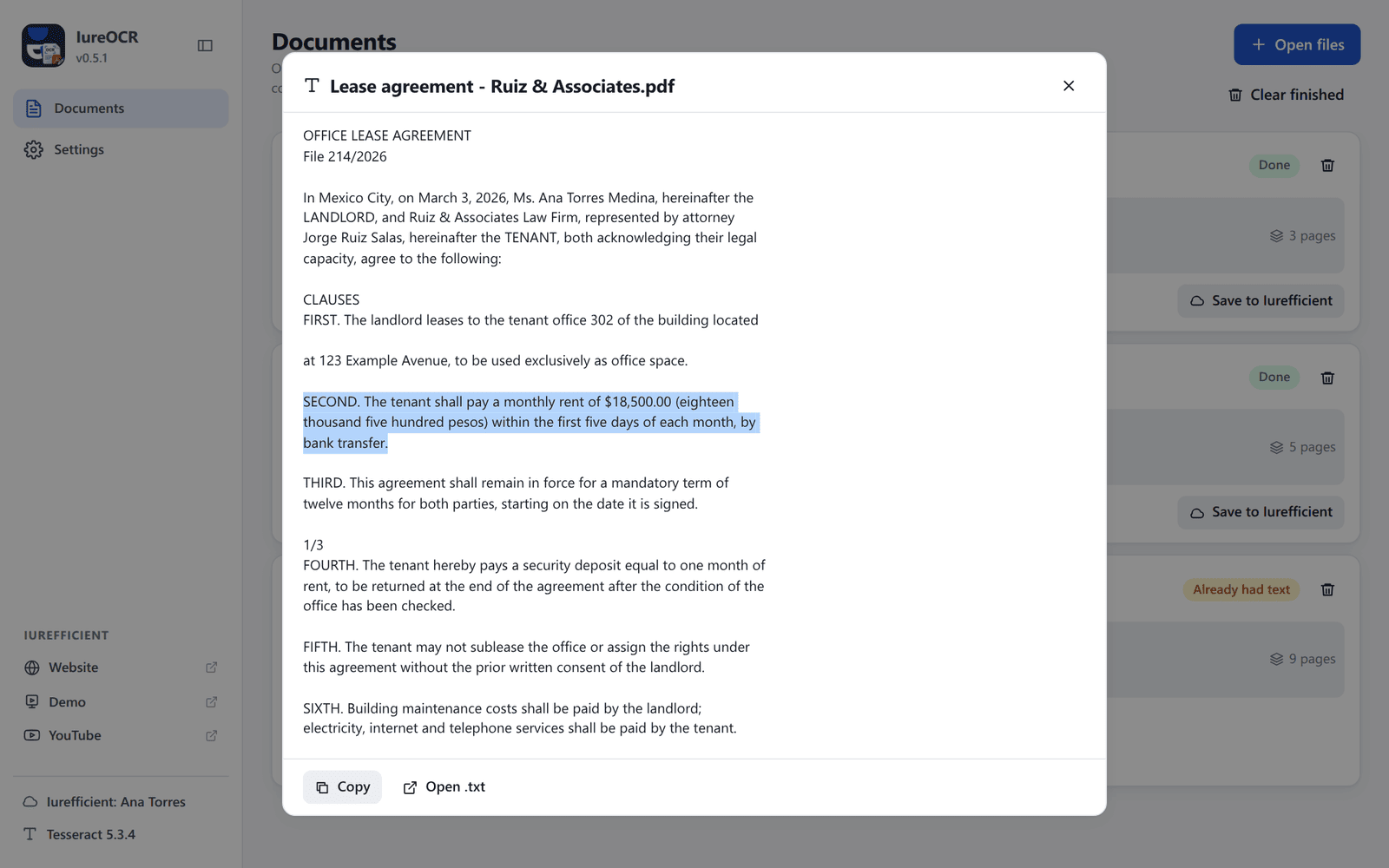 Recognized text of a scanned lease