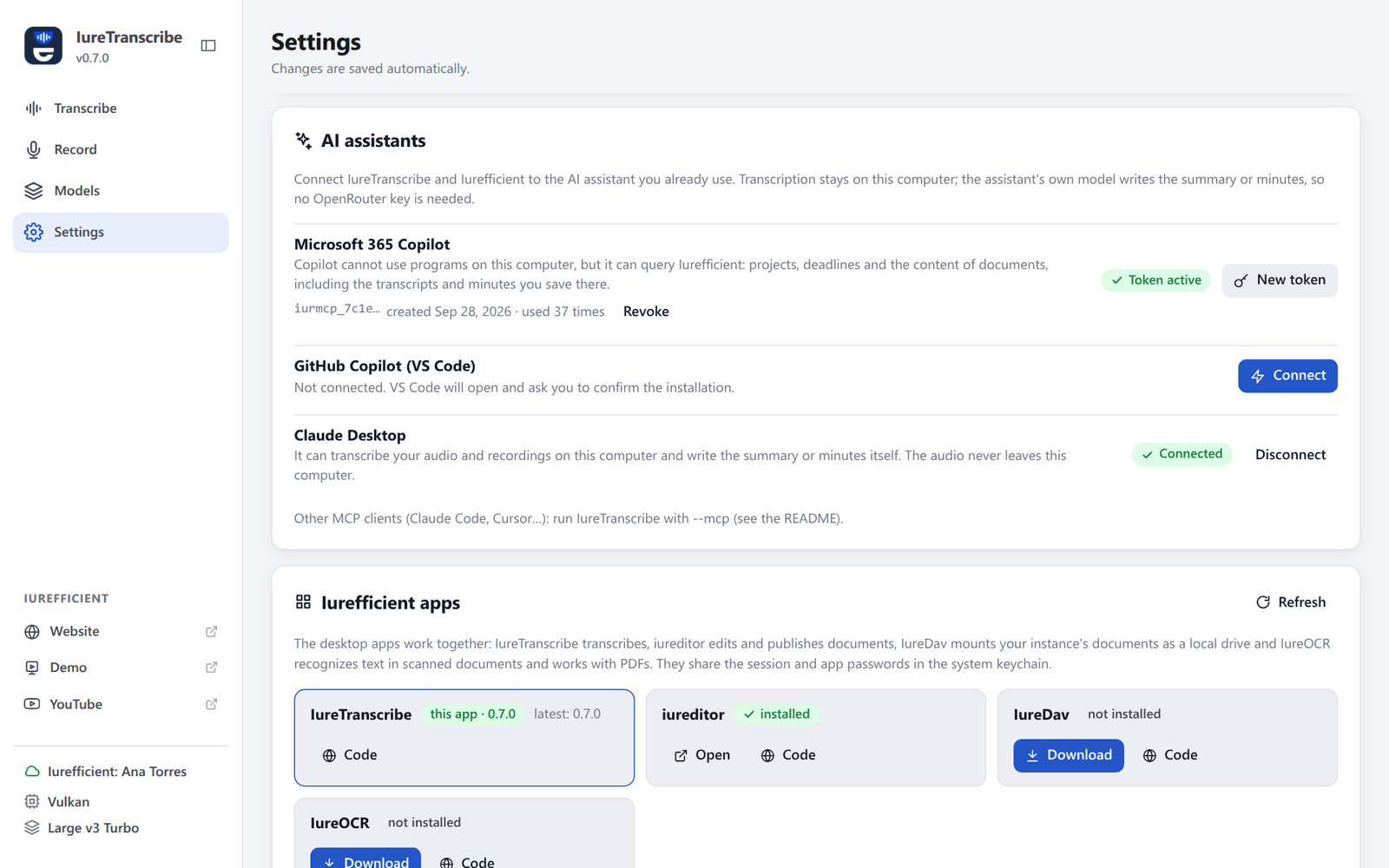 Settings, AI assistants: Microsoft 365 Copilot with an active token, GitHub Copilot in VS Code ready to connect, Claude Desktop connected
