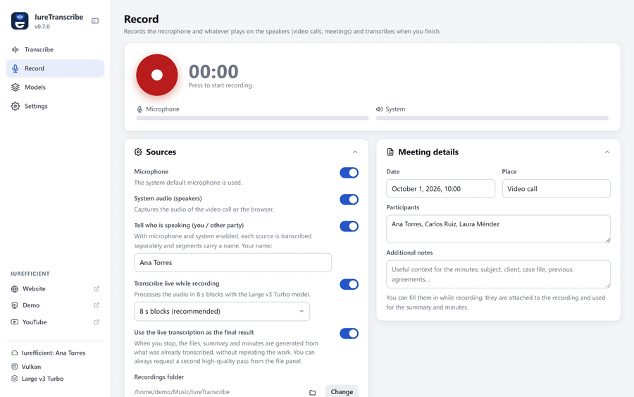 Recording a video call: the live transcript tags each line with Ana Torres or Other party while the microphone and system meters move; when stopped, the transcript is saved