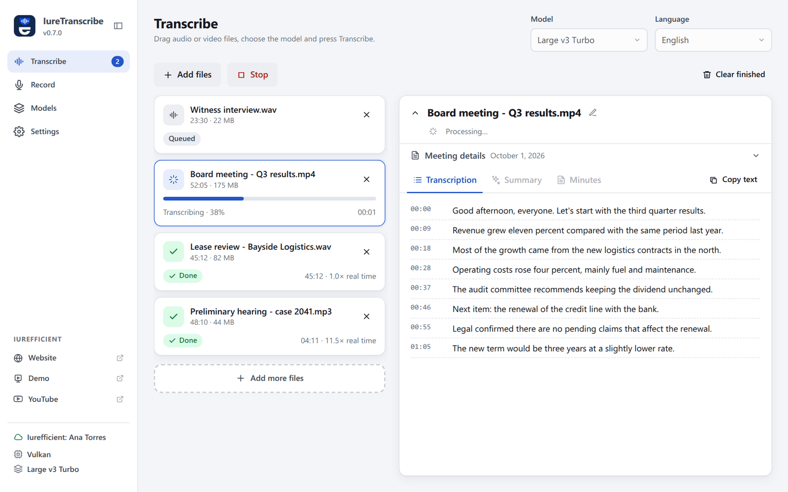 File queue: one file transcribing at 38% with its segments appearing in real time, another queued, two finished