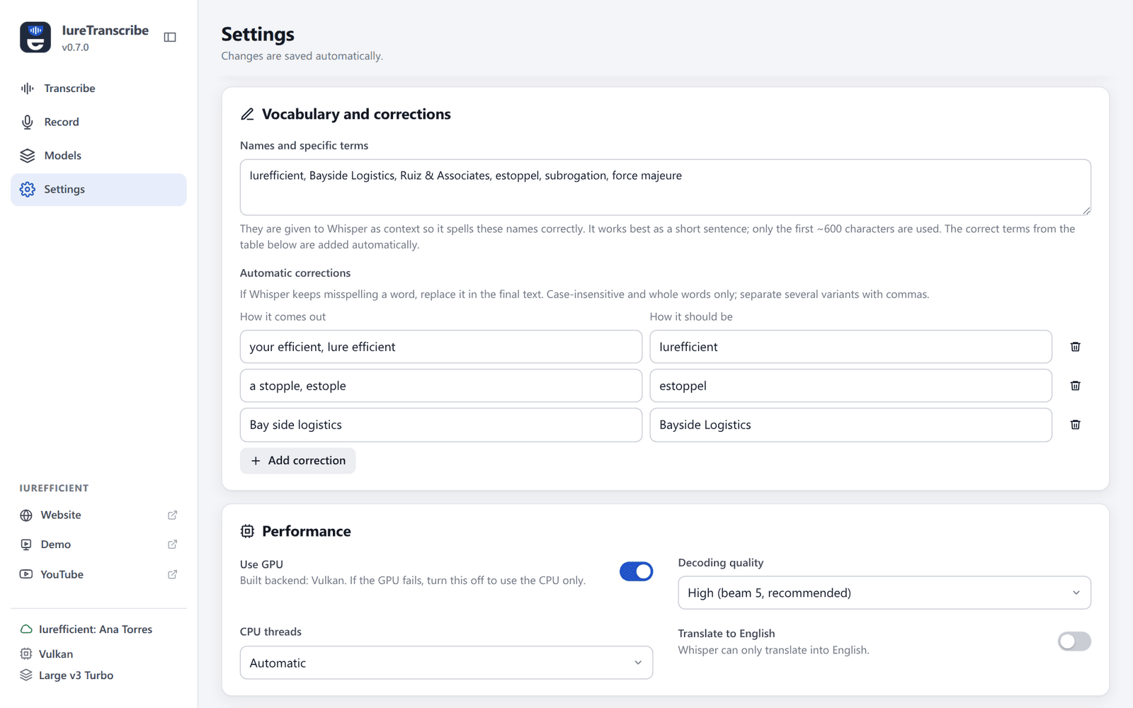 Settings, Vocabulary and corrections: a list of names and terms and three automatic correction rows