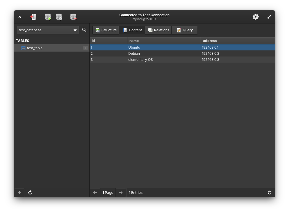 Database view in the dark mode