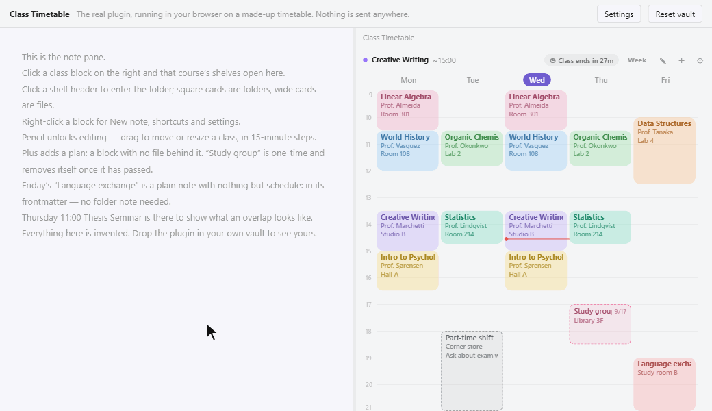 A week of classes in the sidebar, mid-lecture with 27 minutes left. Clicking the class in progress opens its shelves — drafts, lectures, readings — and clicking lectures lists that course's notes