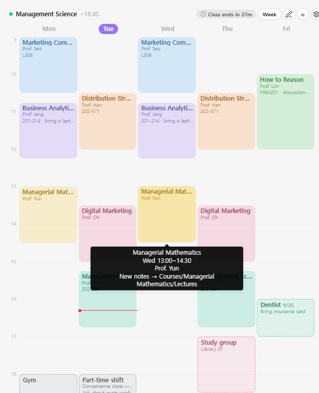 A class block showing its schedule, professor and where new notes go