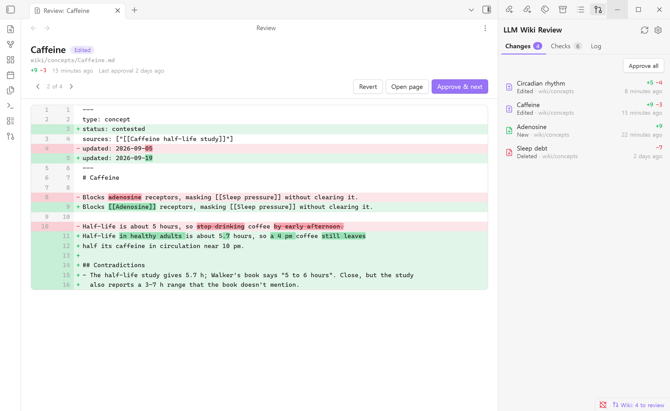 A page the agent edited, shown as a diff next to the list of changes waiting for review