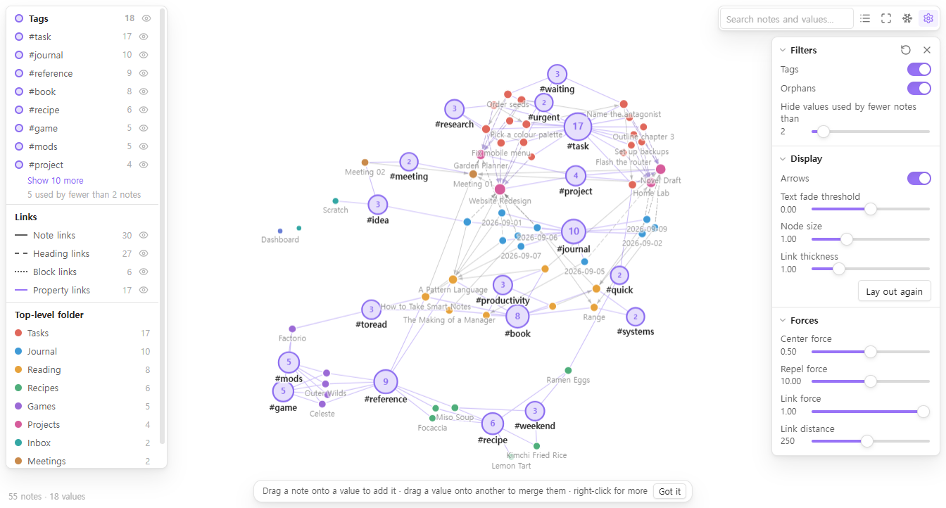 The graph settings panel next to the graph: Filters, Display and Forces