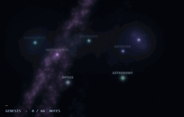 Genesis replaying a 66-note vault: the cosmos starts empty, then folder-stars light and their notes settle into orbit as the date runs from 2023 to 2026