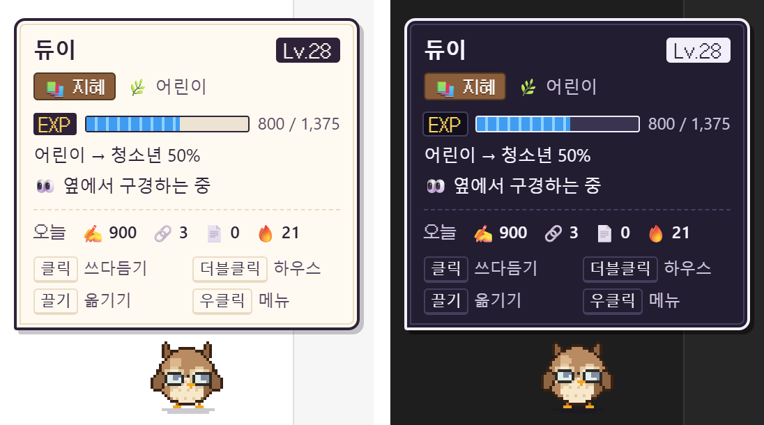 Hovering over Dewey shows a status window with its name, level badge, type, stage, EXP bar and numbers, progress to the next stage, mood, today's writing and the controls. Left: light, right: dark.