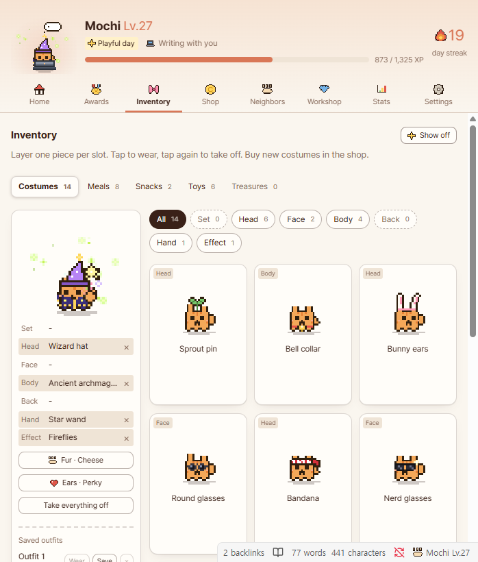 The inventory: Mochi wears a wizard hat, an archmage robe, a star wand and fireflies, with the rest of the collection on the right.