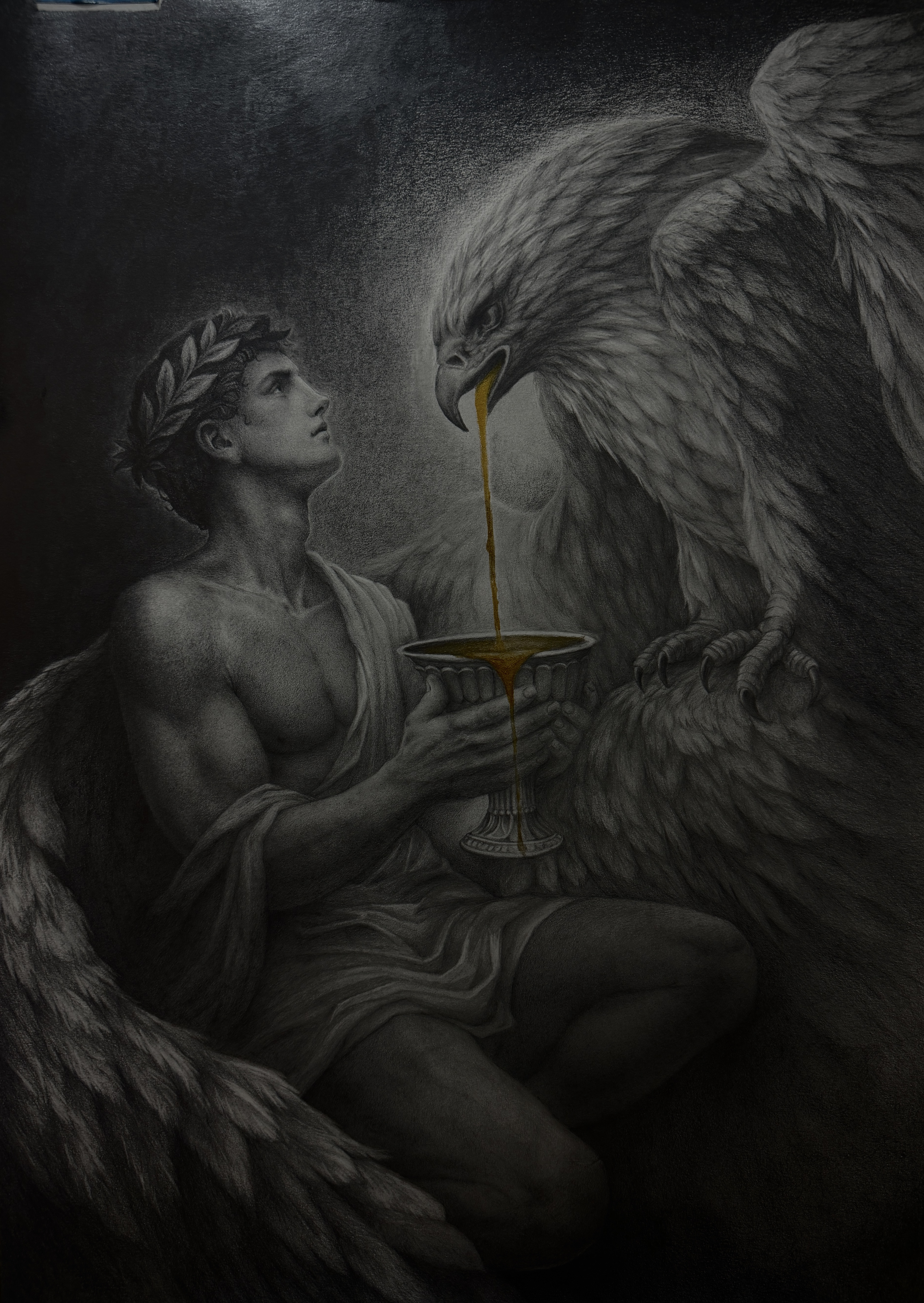 Ganymede — graphite, charcoal and gold on paper