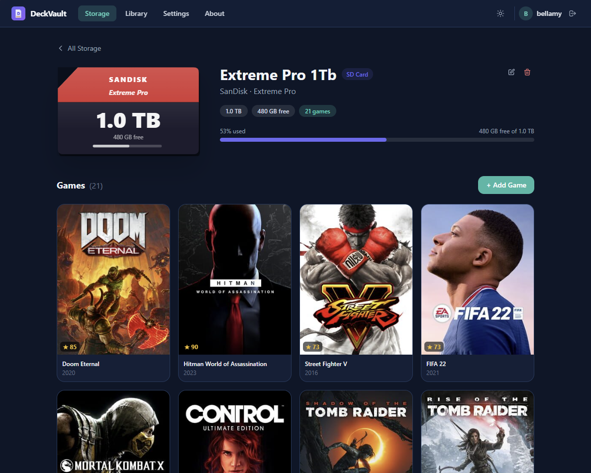 Per-device view showing which games are on each storage device
