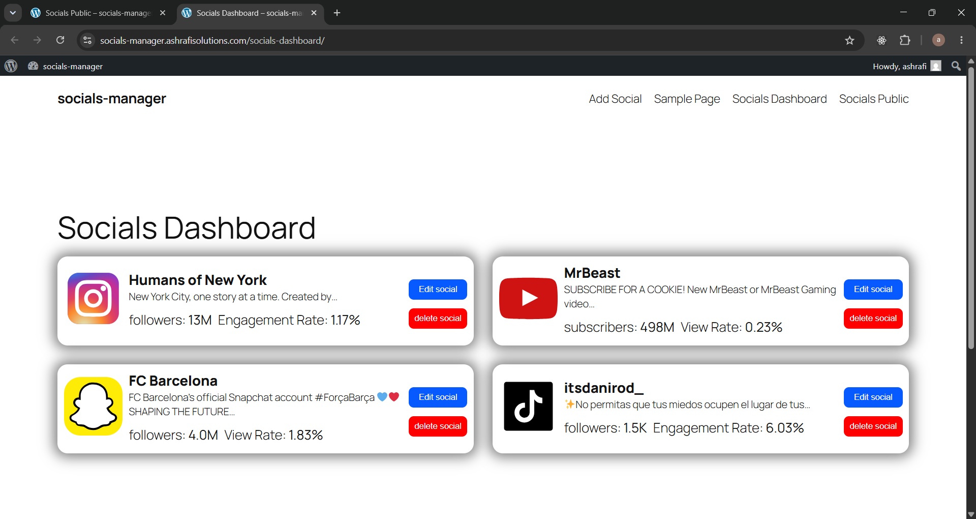 Social Manager dashboard