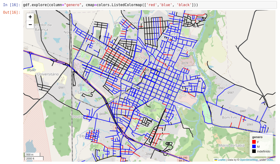 Mapa que mostra ruas de uma cidade classificadas nas seguintes cores: azul, vermelho e preto