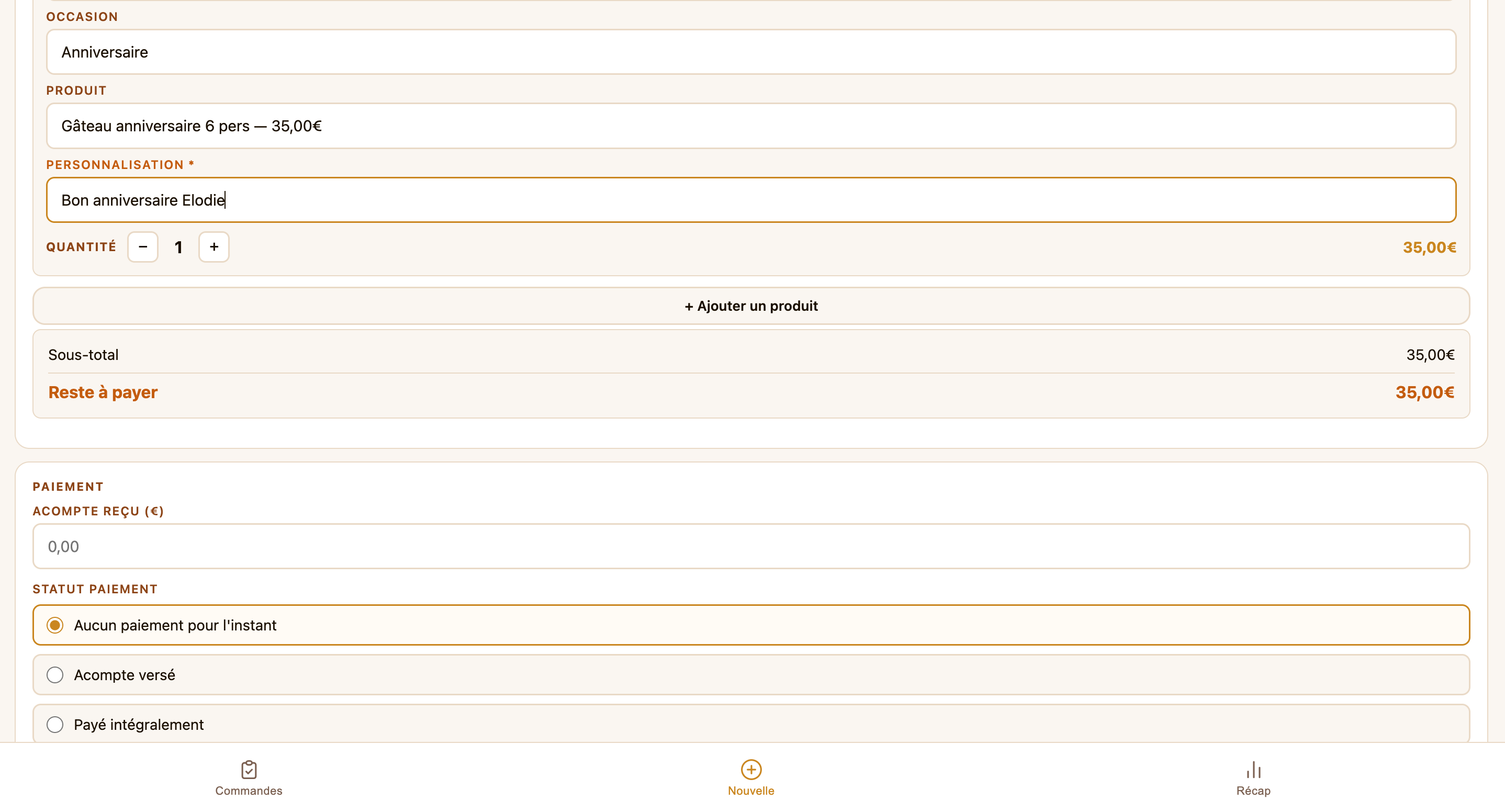 Interface de gestion des commandes spéciales