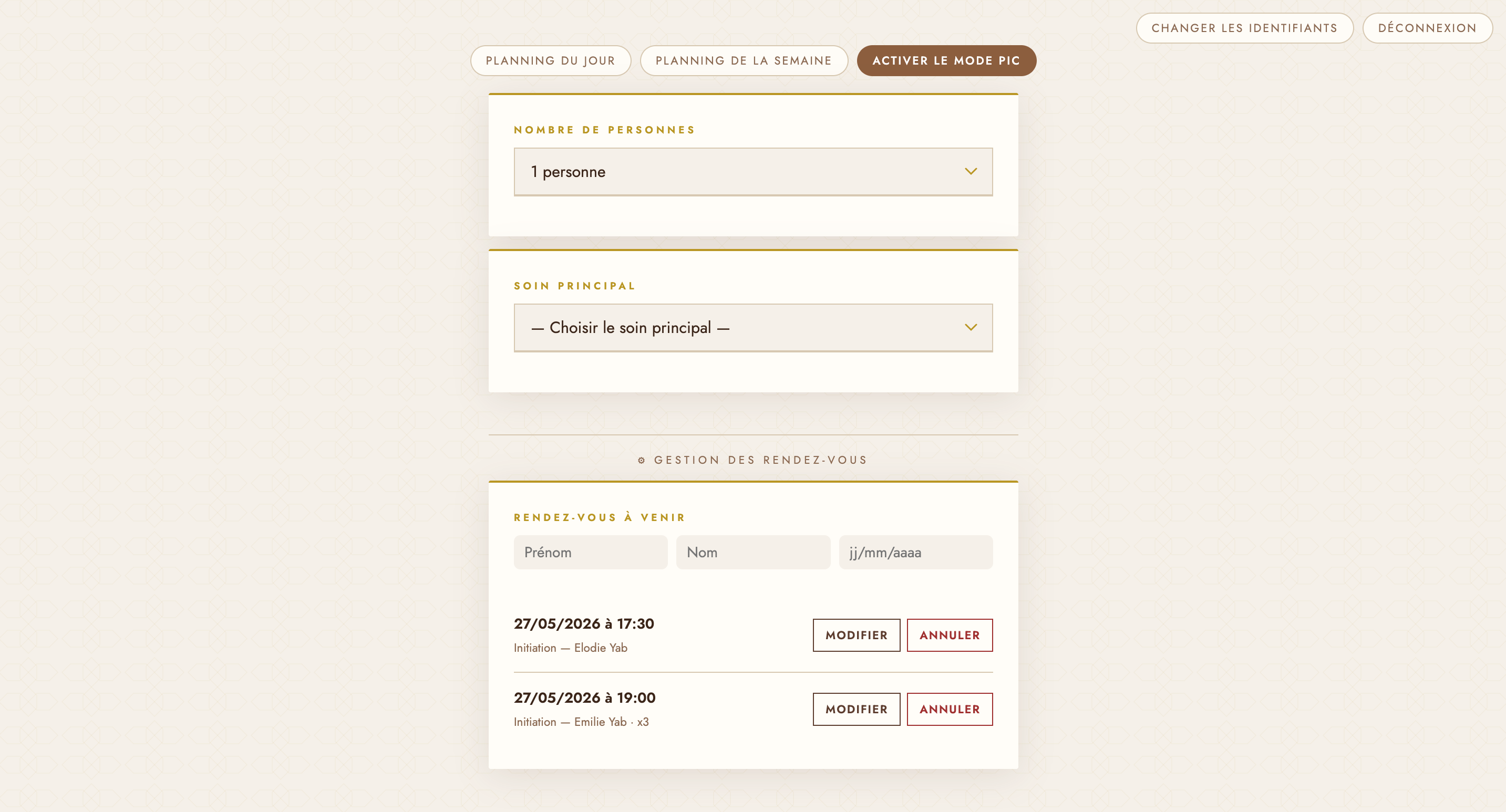 Interface de gestion des réservations