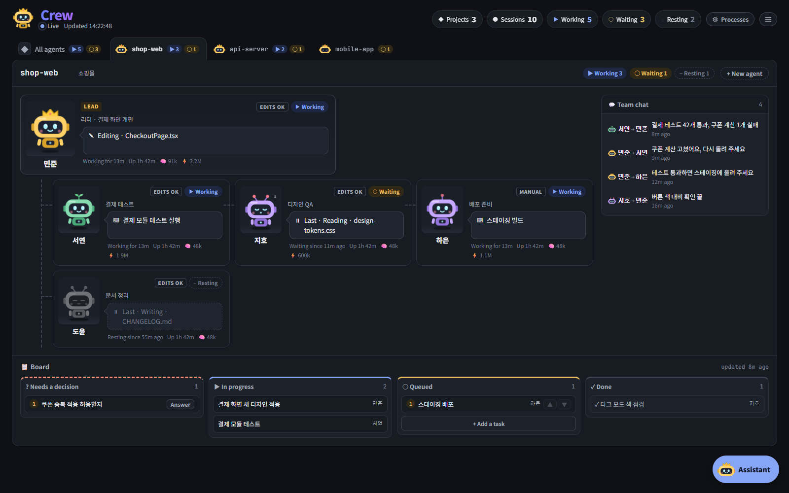 The dashboard: a leader robot with four agents below it (one run by the monitor, one with subagents at work), team chat on the right and the task board at the bottom