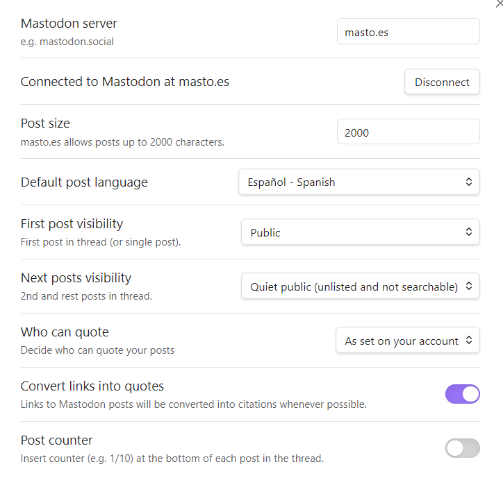 Screen capture of the settings tab