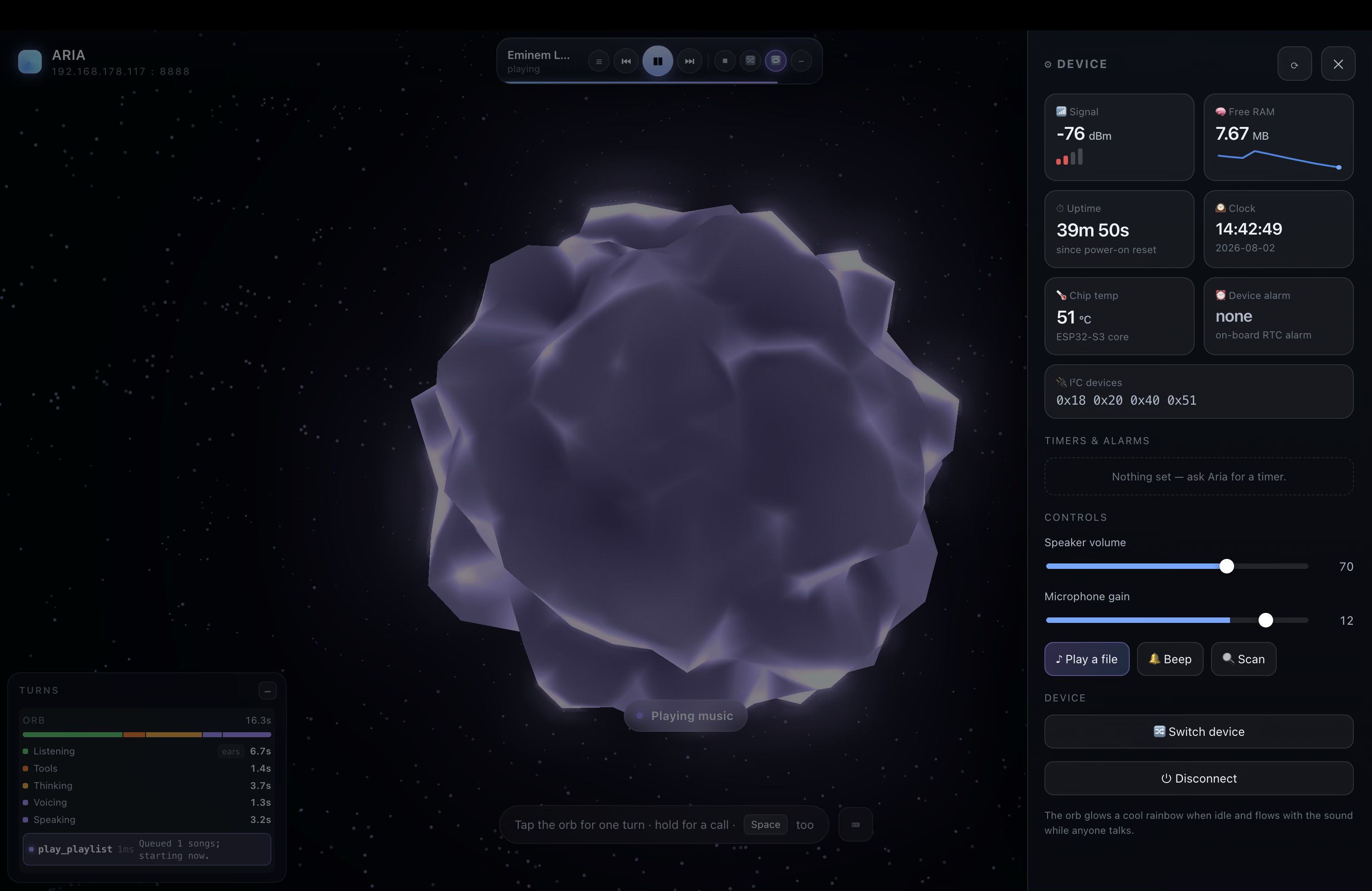 Aria's dashboard: a living orb, the per-turn timeline, and live device telemetry
