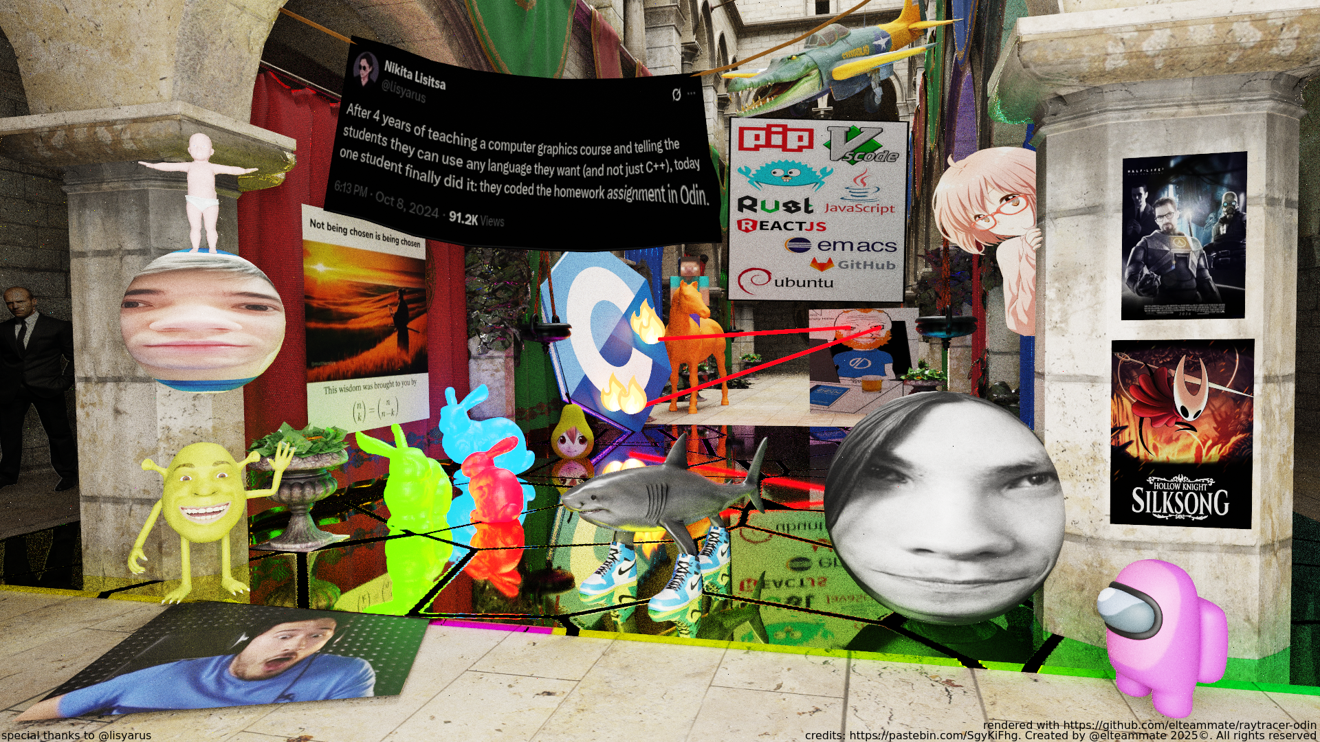 a funny image containing a 3D scene full of memes rendered with ray tracing