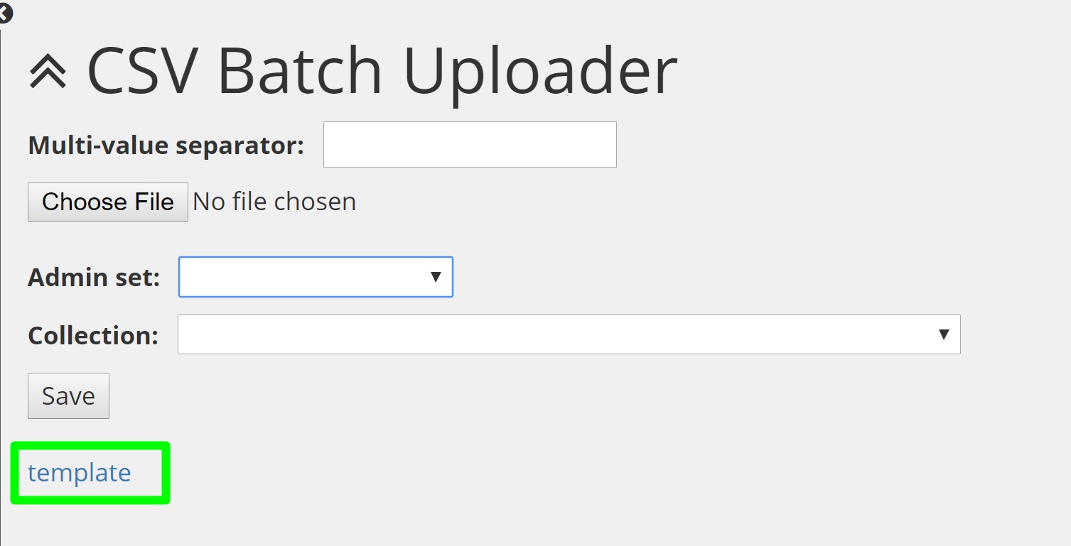 The template link highlighted on the Csv Batch Uploader page