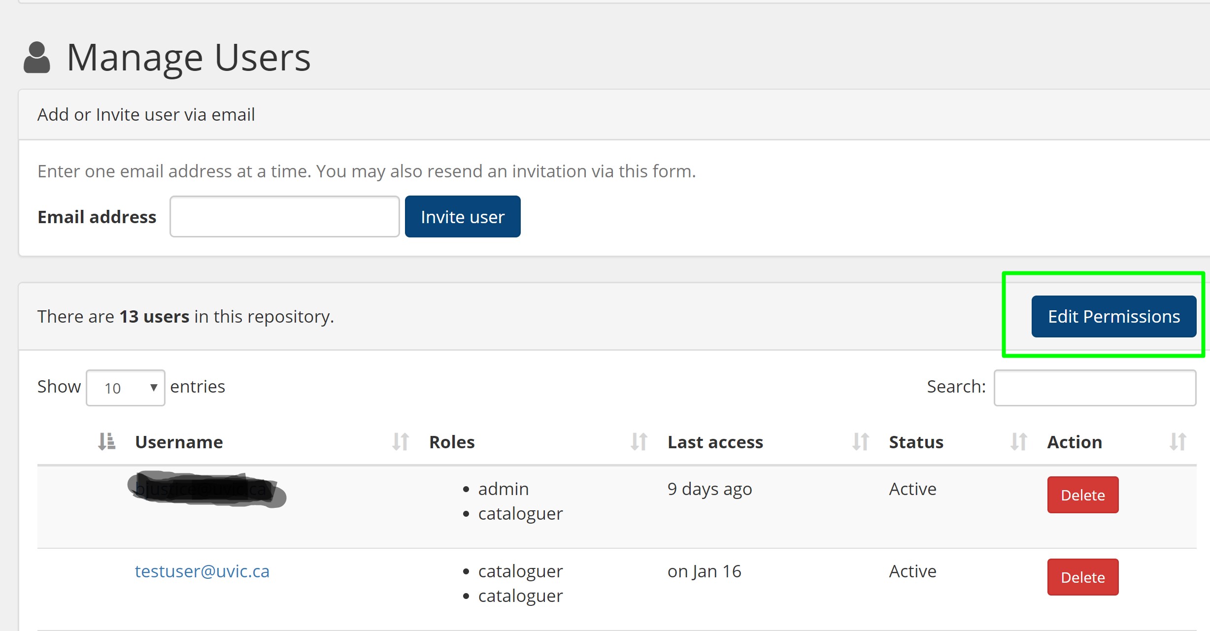 Screenshot of the manage users page