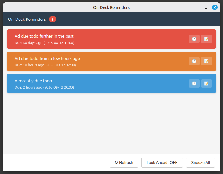 On-Deck desktop window listing due and overdue tasks