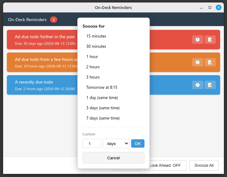 Snooze dropdown with preset and custom durations