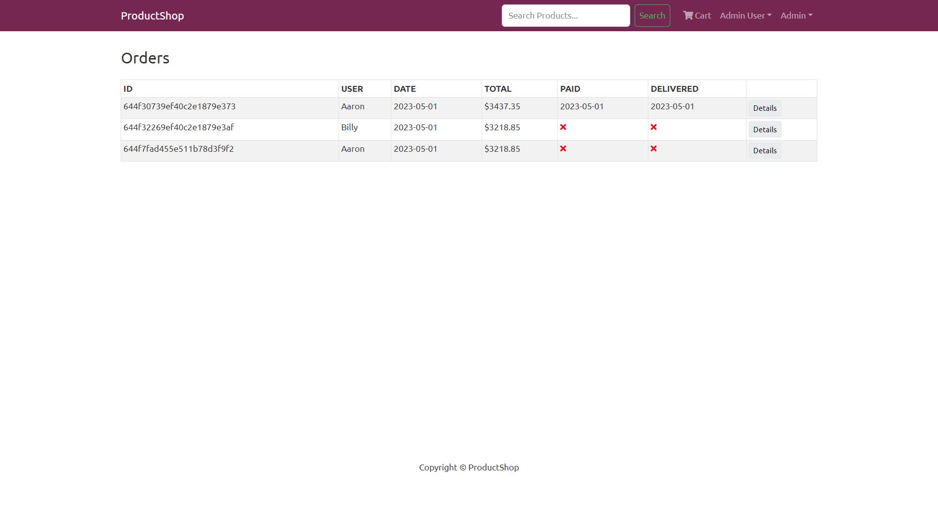 Admin Orders Listing