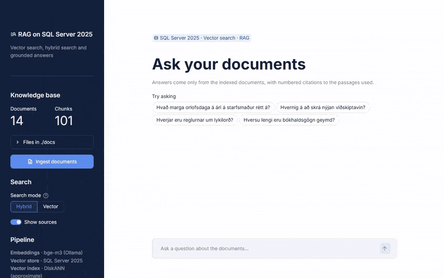 Asking how many vacation days employees get, then a follow-up question; the sources show how the follow-up was rewritten for search. A question the documents don't answer is refused.