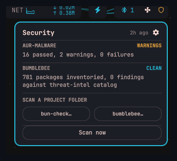 Security scan popup showing AUR-MALWARE and BUMBLEBEE results