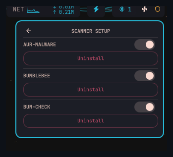 Scanner setup panel with install, uninstall, and toggle controls