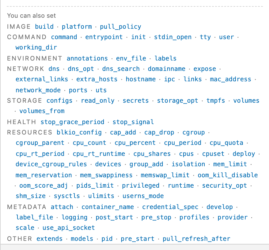 The grouped list of every key the specification permits here and the file does not use