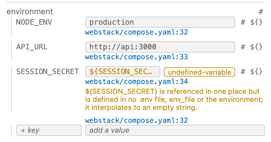 An undefined-variable finding printed under the environment key that references it