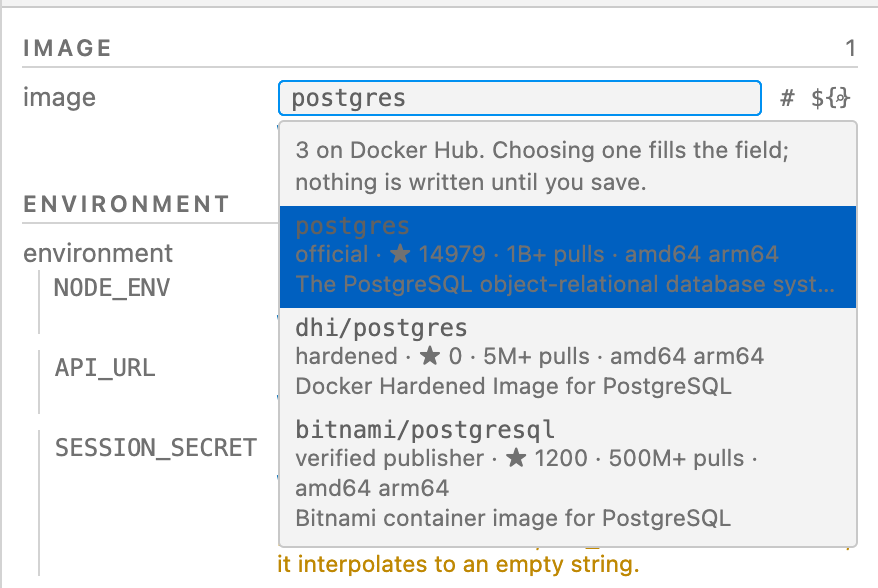 The Docker Hub search results under an image field, with official and verified-publisher badges