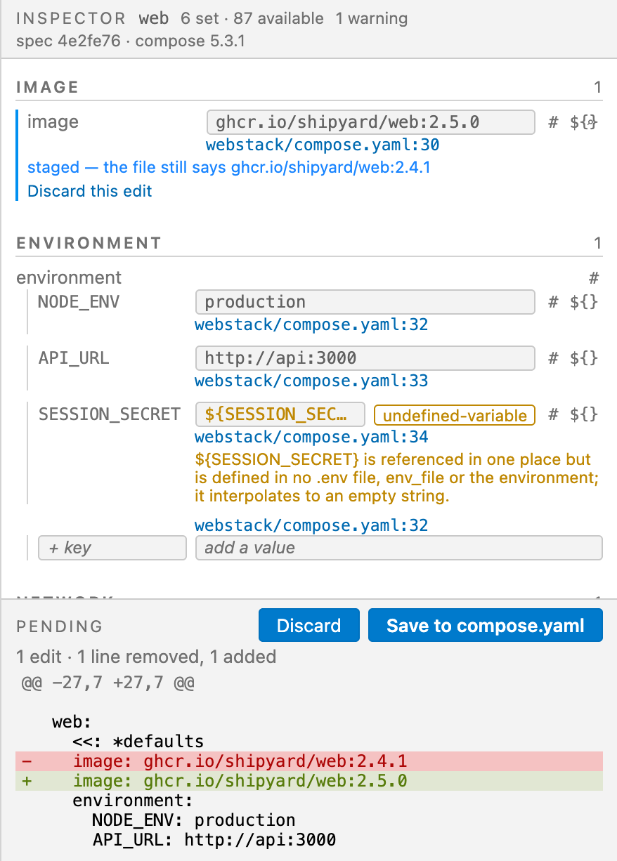 The pending strip: one edit, one line removed and one added, with the diff and a Save to compose.yaml control