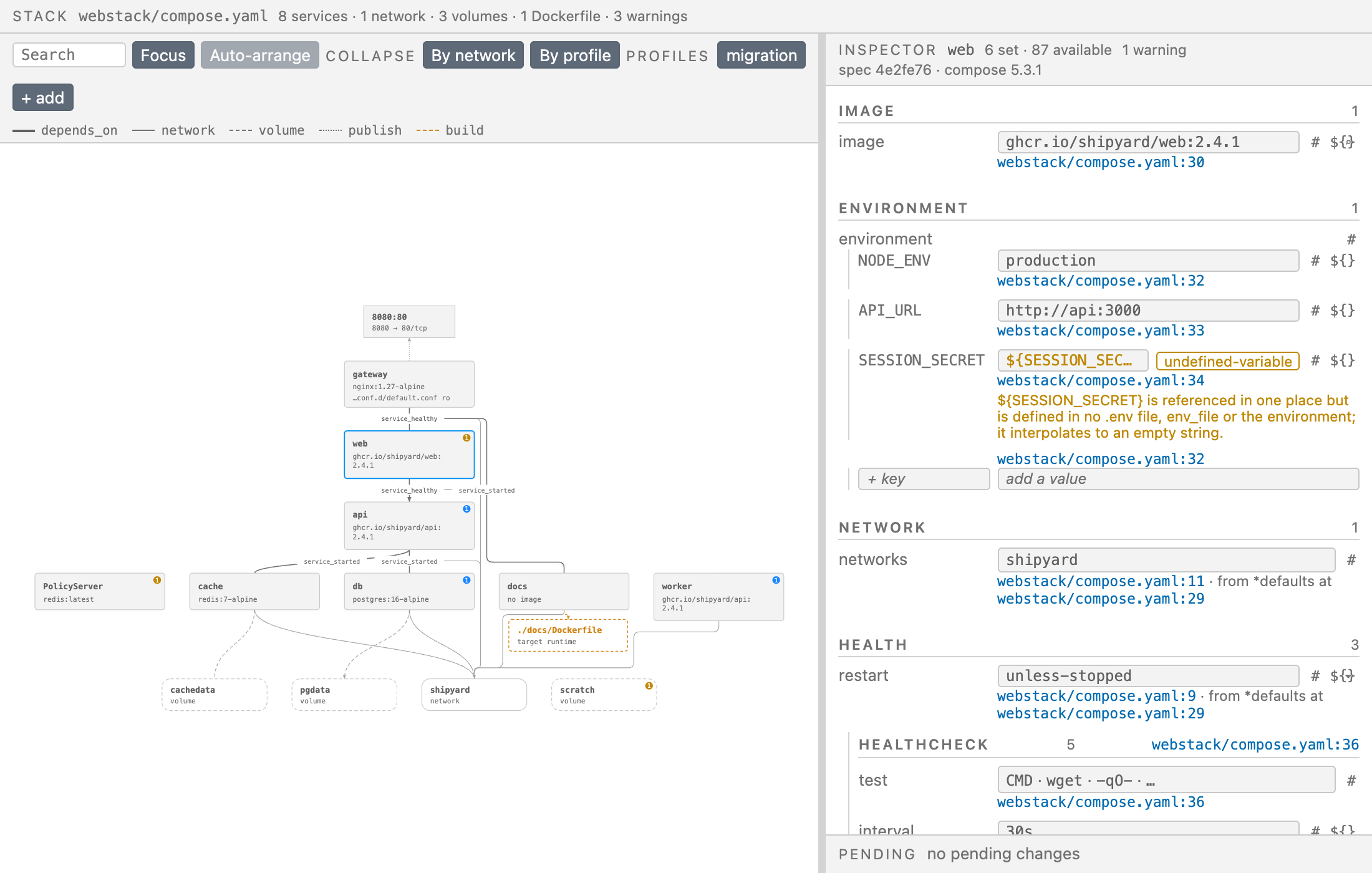 The stack graph and the inspector, with the service web selected