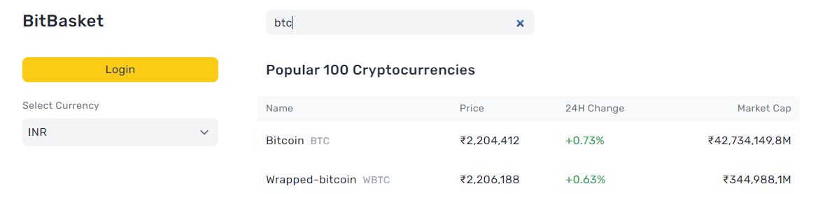 Searching for crypto either using its Symbol or Currency Name