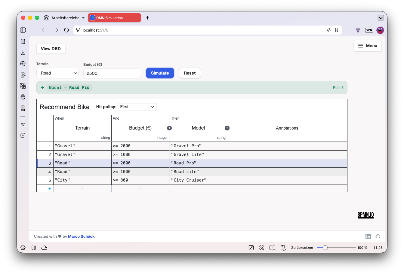 Simulating a DMN decision table — the input form runs the decision and highlights the matched rule