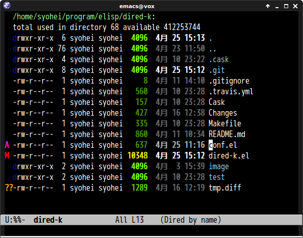 Screenshot of dired-k with git style