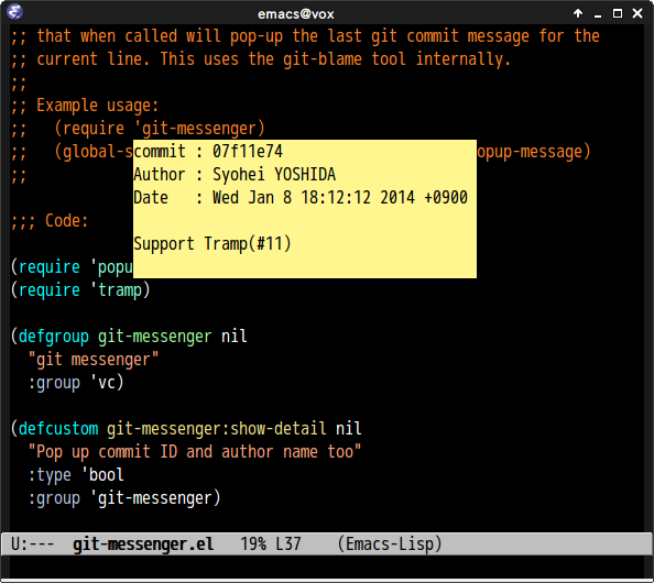 Screenshot of git-messenger with prefix argument