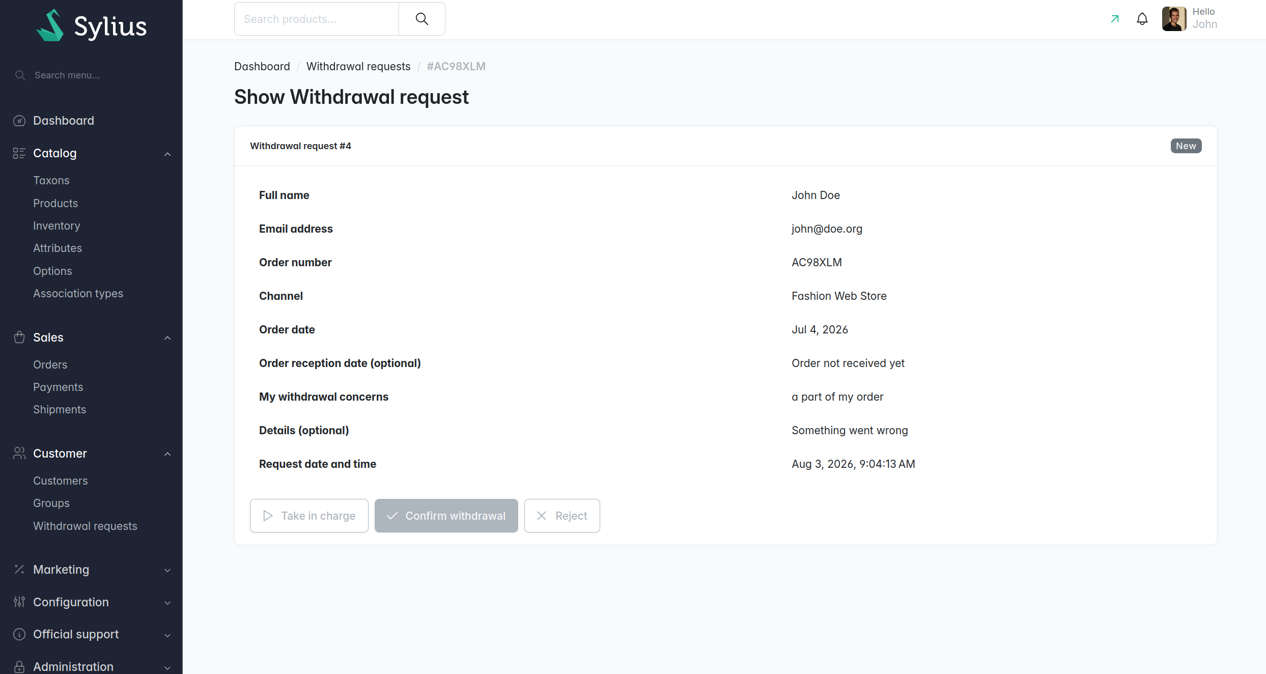 Withdrawal request detail page with take in charge, confirm and reject actions