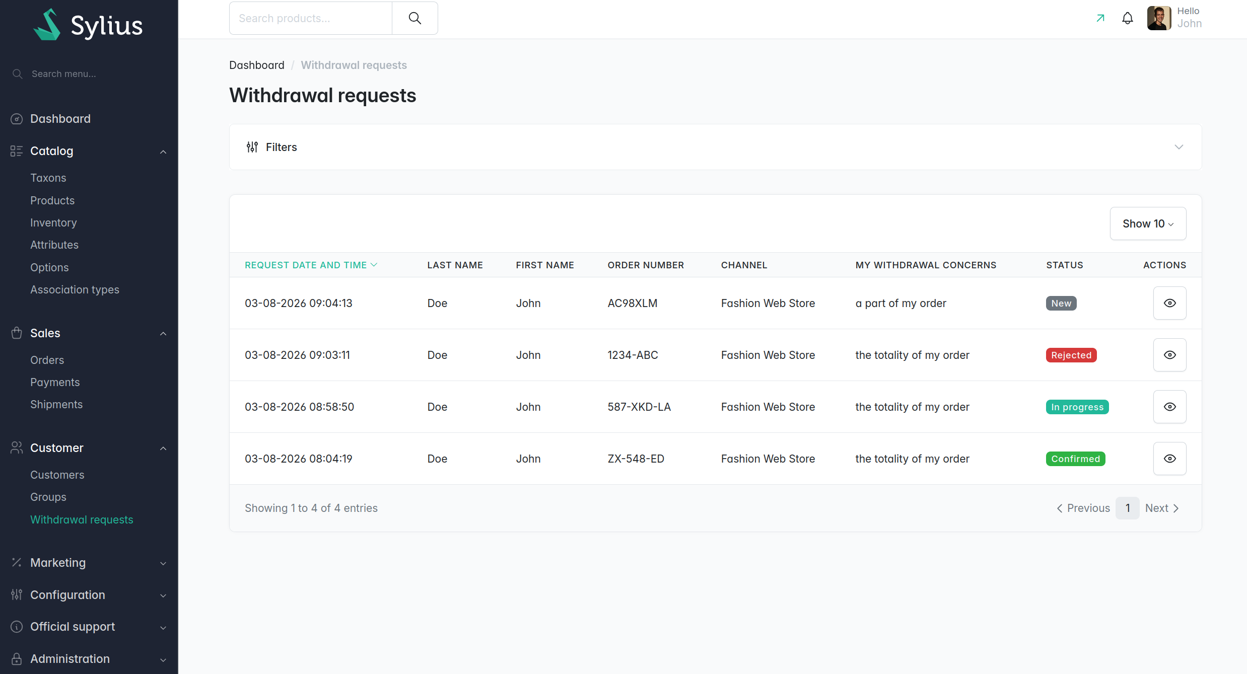 Withdrawal requests list in the Sylius admin panel