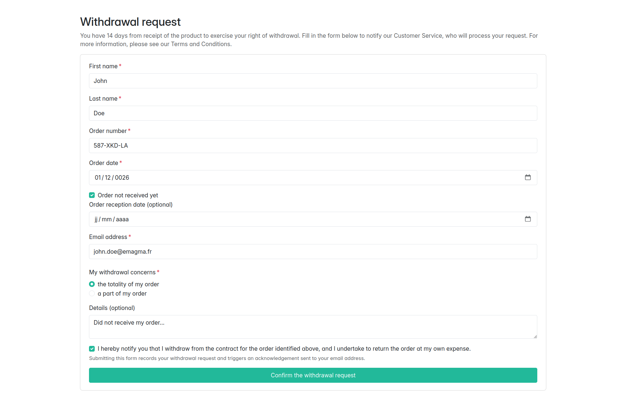EU right of withdrawal form on a Sylius storefront