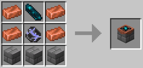Minecraft recipe with a thunderstone in the middle, 3 stone bricks on the bottom, 4 copper on each side, and an echo shard on the top