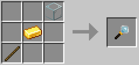 Diagonal minecraft recipe with glass on top, gold ingot in the middle, and a stick on the bottom