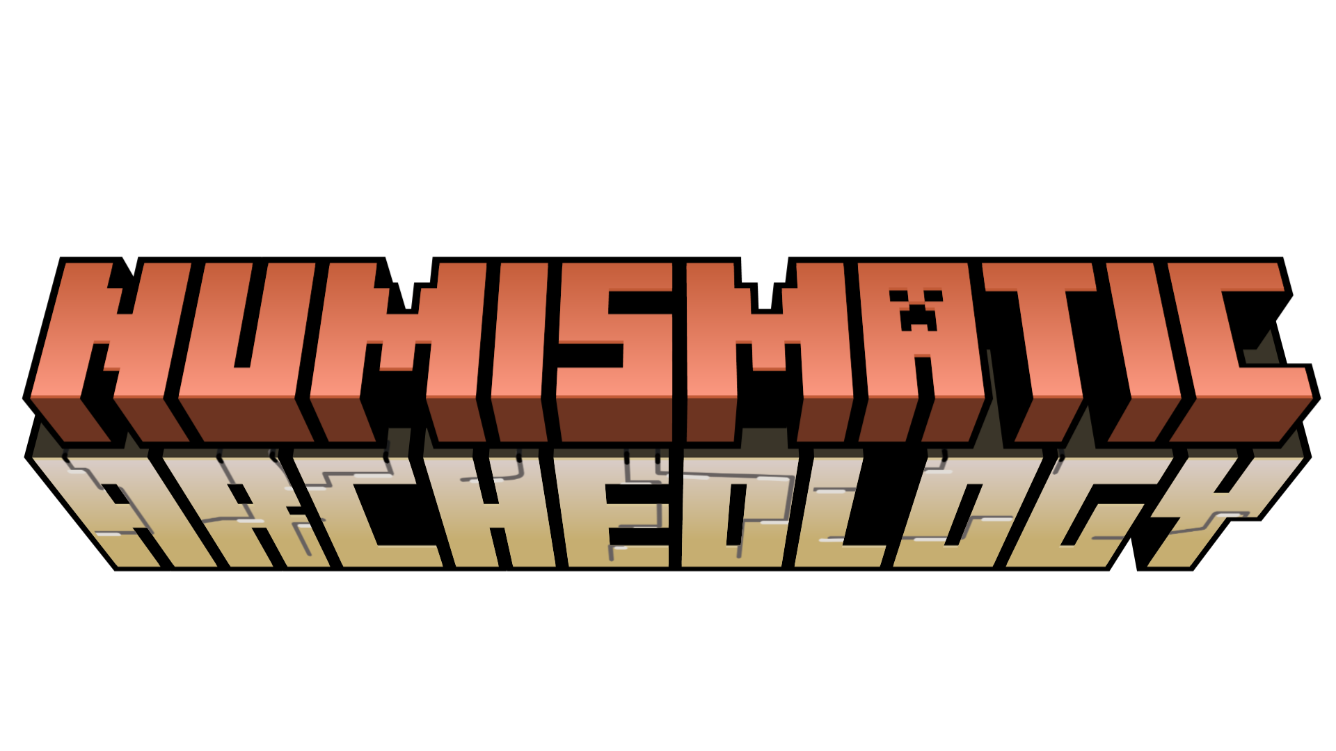 Numismatic Archeology logo stylized in Minecraft font with coins below