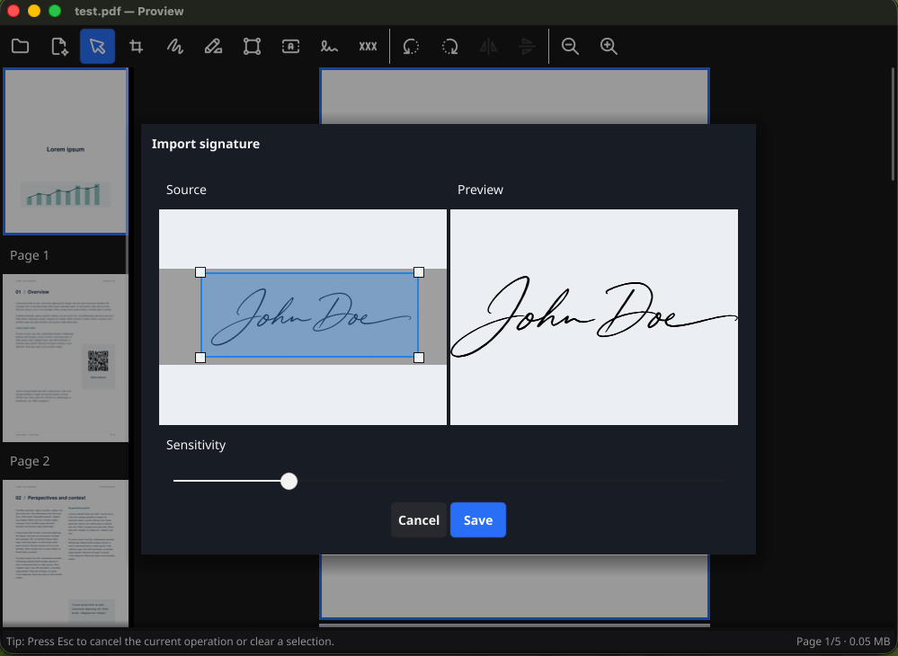 Importing a signature: a fictional signature on paper beside its transparent vector preview, with the selection and sensitivity control visible.